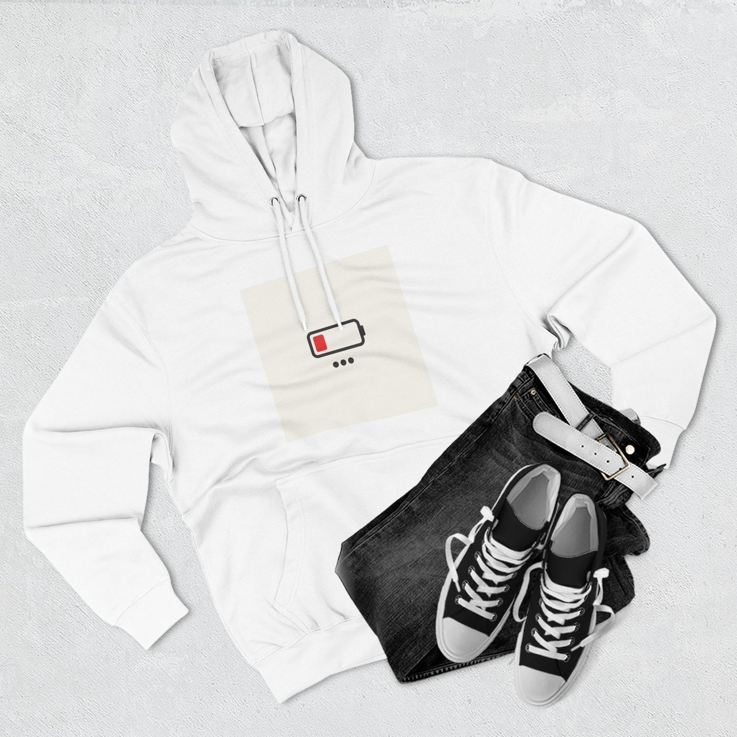 Low Battery Minimalist Hoodie — "First World..." Graphic Fleece Pullover